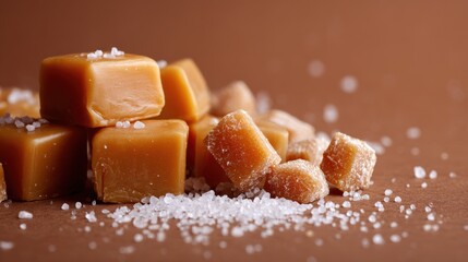Delicious salted caramel candy cubes sprinkled with sea salt crystals on a brown background