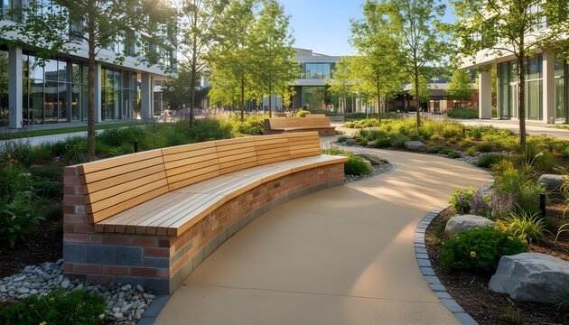 Curved Wooden Bench in Modern Park Landscape