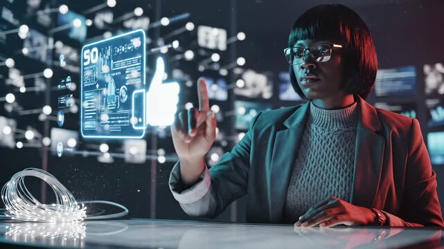 Woman data analyst interacts with holographic dashboard displaying 5G network statistics. Analyst reviews social media engagement with like icon. Woman examines data metrics in futuristic control room