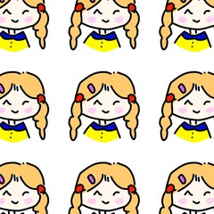 Illustration seamless pattern of a cartoon girl with a sweet, happy smile in a flat design style. Poster, sticker, clipart.