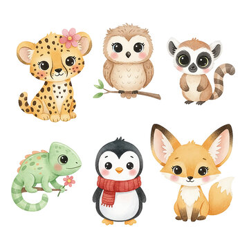 Cute happy baby animals collection watercolor style cheetah owl lemur chameleon penguin fennec fox