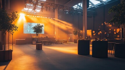Luminous Industrial Event Space: Warm Ambiance