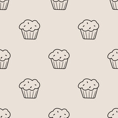 Cupcake Outline Seamless Pattern Vector, Minimalist Monochrome Dessert Background, Baking Theme Design