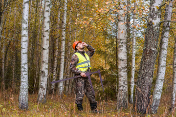 A man, a forest engineer, measures the thickness of trees in a forest.