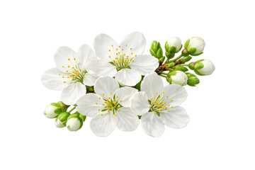 Obraz premium Cherry tree branch displaying white blossoms and developing green buds, signaling new growth and the arrival of spring. Transparent background