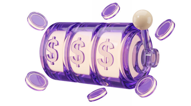 Slot machine with dollar symbols in purple glass style with floating coins for gambling and finance