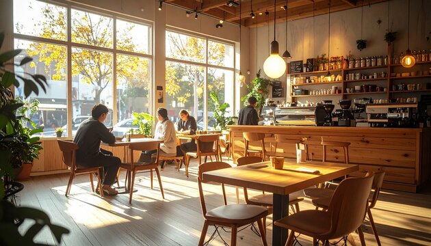Warm inviting photo of a cozy local caf&eacute; interior with natural wood furniture and soft lighting, people chatting quietly, professional barista at work, peaceful urban lifestyle atmosphere.