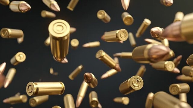 Close-up shot of many golden bullets falling against a dark background, ready for action.