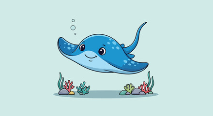 Cute Blue Stingray Swimming Underwater with Coral Reef Illustration. © NFS Studio