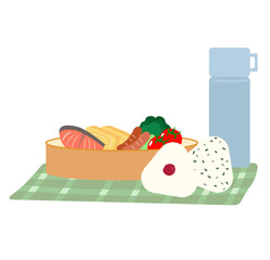 ランチセット（お弁当・おにぎり・水筒）のイラスト