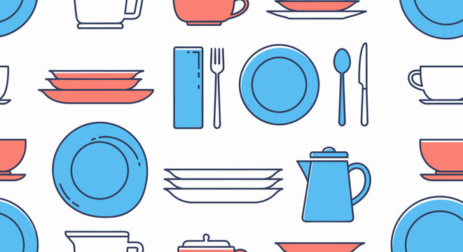 A colorful pattern of various dinnerware and utensils on a white background