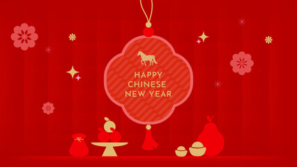 Chinese New Year festive red background with hanging ornament and decorations. Designs for holiday celebration, greeting cards, banners, posters, social media, and marketing designs.