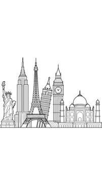 Famous world landmarks vector line art illustration featuring Statue of Liberty Empire State Building Eiffel Tower Leaning Tower of Pisa Big Ben Taj Mahal iconic architecture travel destinations touri