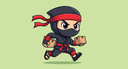 Cute Ninja Running with Package Delivery Cartoon Illustration. © NFS Studio