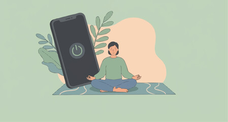 Person Meditating Next to Giant Turned Off Smartphone Vector Illustration - Digital Detox Concept