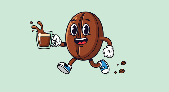 Happy Coffee Bean Character Running with Coffee Cup.