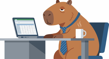Cute Capybara Business Character Working on Laptop Vector Illustration - Funny Office Concep