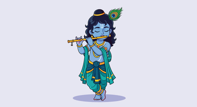 Little Krishna playing flute Hindu deity religious art.