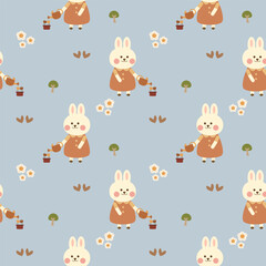 Fototapeta premium Rabbit water the plants flower cartoon so cute. On tree heart background. Pattern seamless vector illustration. 