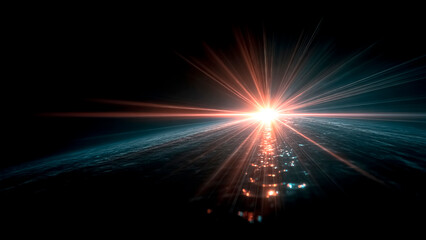 Obraz premium Distant Horizon Light Burst Over Dark Surface with Reflections. Futuristic Energy, Cinematic Glow.