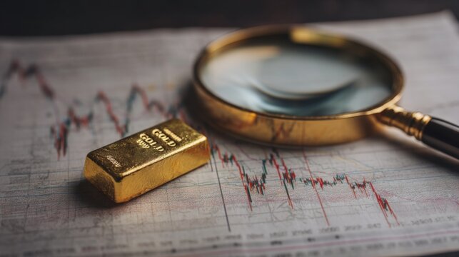 Gold Bar and Magnifying Glass on Stock Market Chart, Financial Analysis, Economic Trends, Investment Strategy, Wealth Management, Market Research, Gold Investment