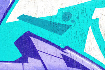 Naklejka premium Closeup of geometric abstract graffiti in turquoise, purple, lavender on white textured wall. Street art style, modern urban, bold shapes, sharp angles. Banner, flyer, website header, digital art
