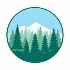 Obraz premium Evergreen forest mountain landscape circle frame nature scenery green trees snow peak blue sky