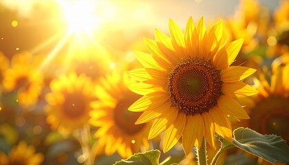 Obraz premium Bright yellow sunflower field at golden hour with sunlight rays and warm glow
