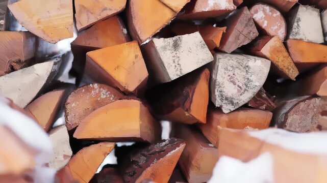 Tight close-up of split logs with frost and snow between pieces in a stacked pile&mdash;rural homestead winter prep, old-fashioned heating fuel for cabin or farmhouse.