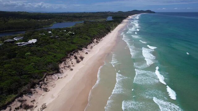 Tallow Beach And Creek, Byron Bay, NSW, Australia - Aerial Drone Shot