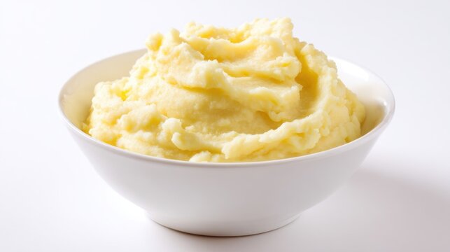 Creamy fluffy mashed potatoes in a white bowl isolated on white background