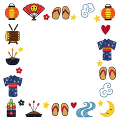 Fototapeta premium A Joyful Array of Traditional Japanese Symbols and Summer Festival Motifs in a Decorative Border