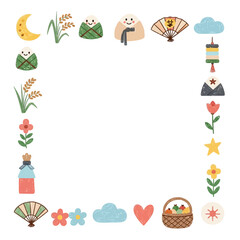 Hand-drawn frame border with delightful Asian cultural festival elements and traditional celebratory symbols