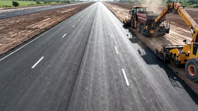 Cinematic aerial view of highway asphalt construction camera drifting slowly over newly laid black asphalt road heavy road construction machinery operating efficiently smooth surface texture sharp roa