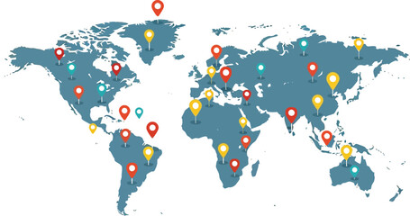 Fototapeta premium World map with colorful location pins on continents for global business travel