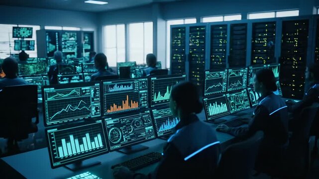 Trader monitors dashboard and reviews chart data on screen. Workstation hosts multiple screen panels for live updates. Trading system displays dashboard metrics and chart indicators. Chart live now.