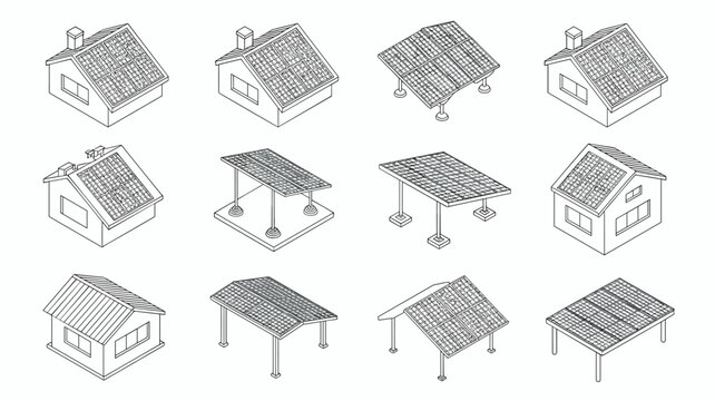 Isometric solar panel installation line art on house roof and carport structure renewable energy system for sustainable home and vehicle environmental solution clean power generation residential archi