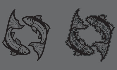 Obraz premium Two black and white fish forming a circular pattern on gray background