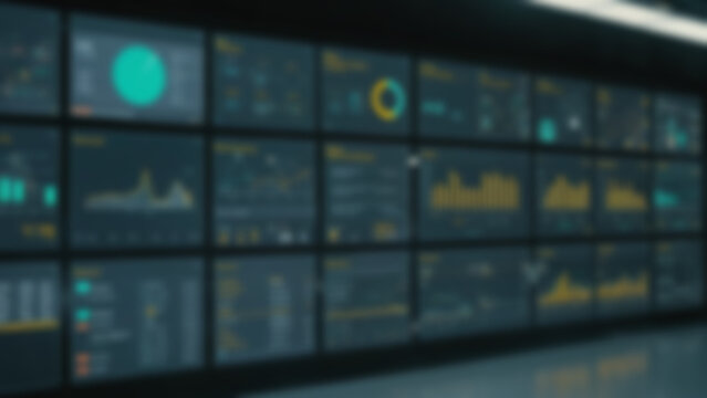 Blurred background of Smart factory dashboard showing AI driven analytics on wall ized displays, clean data visualization and minimal UI, industrial operations center background, afternoon.
