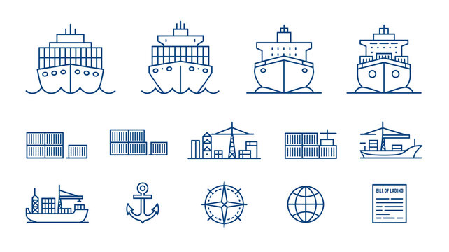 Shipping container ship line icons set for global logistics and international export business freight cargo transportation maritime commerce supply chain management import export documents marine navi