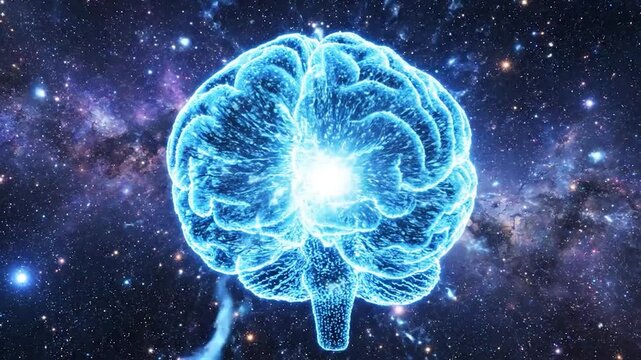 Abstract glowing blue brain with lightning in starry cosmic background