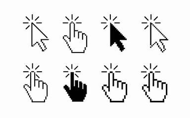 Fototapeta premium Pixelated cursor clicking icons set for website interface design pointing hand finger tap interactive vector illustration for technology user experience online digital communication presentations tuto
