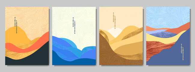 Vector illustration. Landscape backgrounds with abstract hills, topographic lines, and gold textures. Design elements for a poster, cover, magazine, postcard, flyer, or invitation. Japanese motif © VVadi4ka
