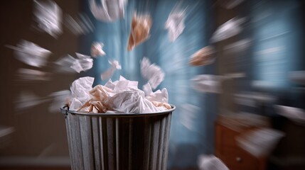 Crumpled paper tissues explode upwards and outwards from a galvanized metal trash can with motion blur effect