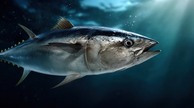 Large silver tuna swims in deep blue ocean water illuminated by rays of sunlight filtering from above