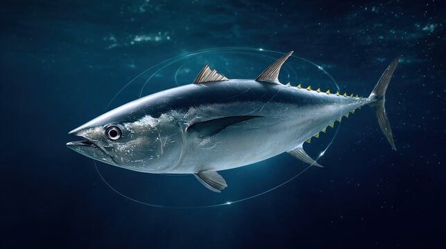 Large bluefin tuna swims through deep dark ocean water with subtle glowing circular graphics surrounding it