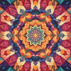 A vibrant, symmetrical mandala with kaleidoscope patterns and colors