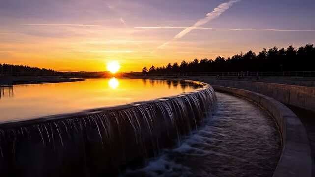 Sunset over a modern urban wastewater treatment plant with a small dam and flowing water