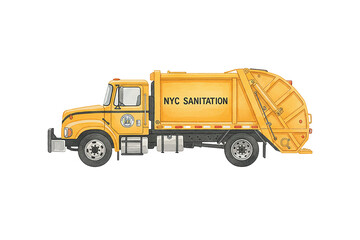 Fototapeta premium Bright Yellow New York City Sanitation Garbage Truck Side View Illustration for Urban Waste Management