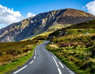 A winding road through a green landscape with a large mountain